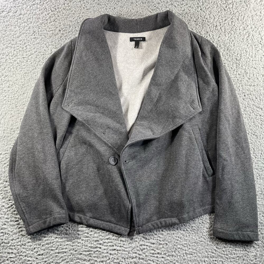 TORRID JACKET WOMENS 2 GRAY DRAPE FRONT BUTTON BLAZER FLEECE COTTON POLYESTER